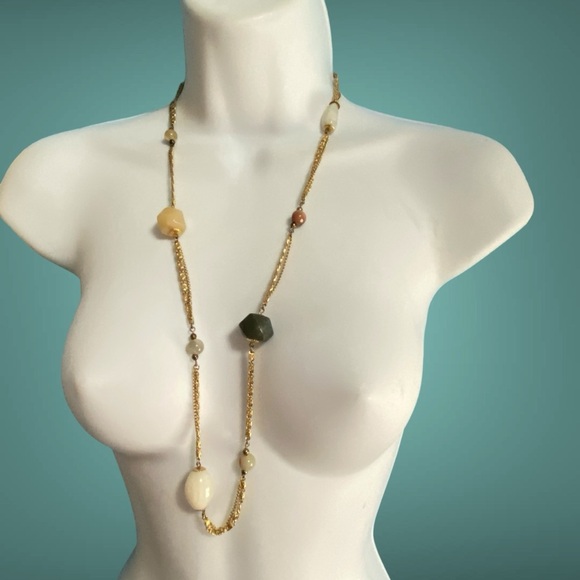 Vintage Gold Tone Chain With Natural Stone Beads Long Necklace - Picture 6 of 9